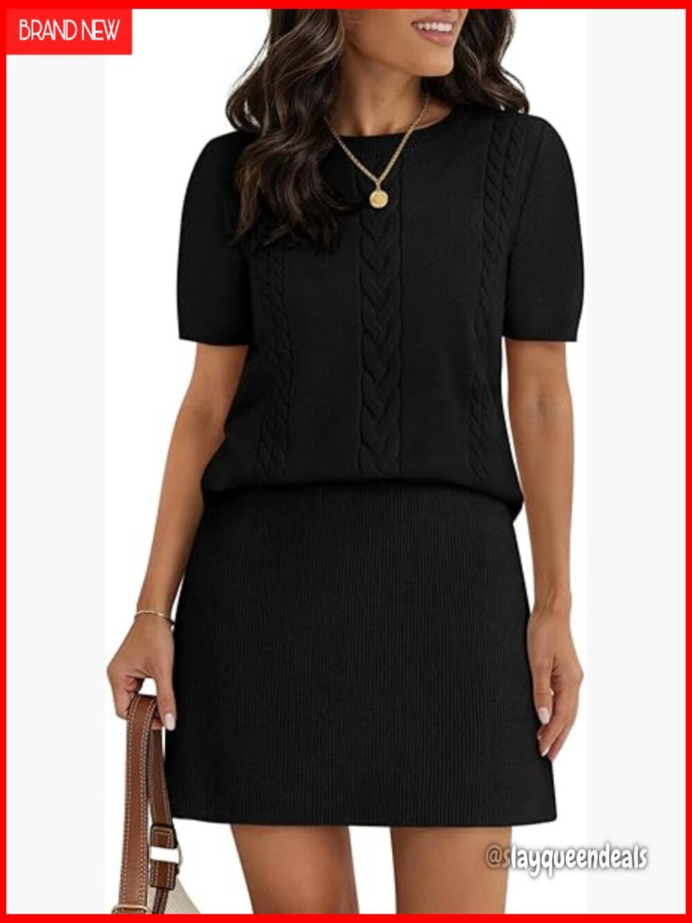 Medium Ribbed Knit Sweater Skirt Set, Puff Sleeve Crewneck Top, Pleated Mini